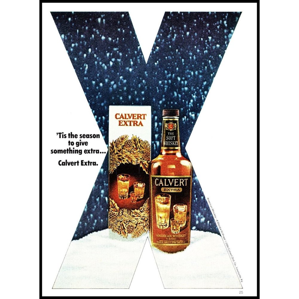 1981 Calvert Extra X Vintage Print Ad Christmas Gift Box Snow Wreath Wall Art
